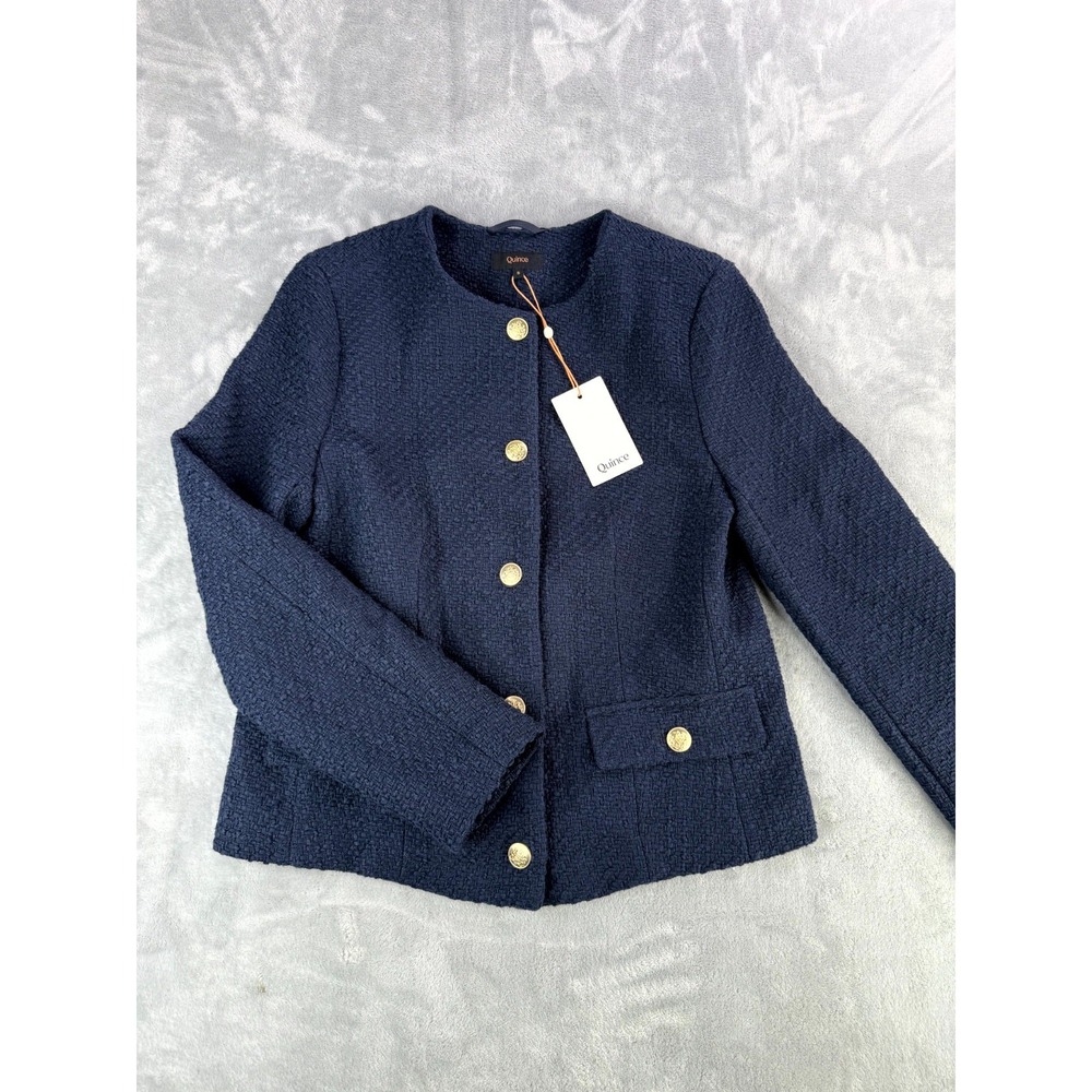 Quince Jacket Womens Small Navy Tweed Collarless Golden Button Front Stretch